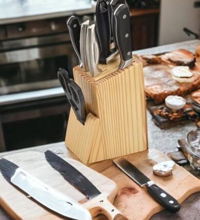 Wooden Knife Stand/Holder with 6 Universal Knife Slot, 1 Sharpener Rod & Scissor Slot Each- Knife Holder for Kitchen SWH
