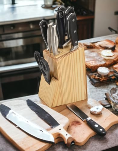 Wooden Knife Stand/Holder with 6 Universal Knife Slot, 1 Sharpener Rod & Scissor Slot Each- Knife Holder for Kitchen SWH