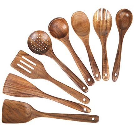 Wooden Spoons for Cooking, Kitchen Utensils Set, Natural Teak Wood Spoon and Spatula for High Heat Stirring, Baking, Non Stick Pots and Pans，Cooking Spoons Wooden Spatula for Nonstick Cookware (8)