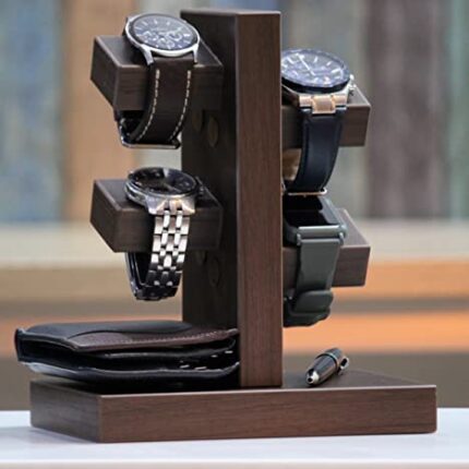 Wooden Watch, Wallet, Pen and Tie Organiser Stand | For Gifting | Personal Use | Special Occassions | Corporate Gifting | Home Decor | For Men Women | Four Wrist Watch Display Stand | Dark Walnut