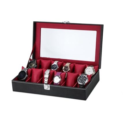 ZENWOOD Black and Red Unisex 12 Slots Watch Box Organizer PU Leather Watches Display Case Storage Box