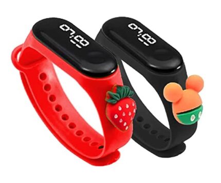 ZOVUTA Fashionable Kids Waterproof White Light LED Band Watch with Date & Time Display (Cartoon May Vary) Set of 2 Red & Black (Removable Silicon Strap)