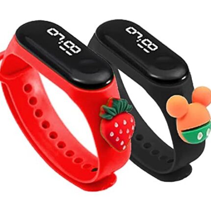 ZOVUTA Fashionable Kids Waterproof White Light LED Band Watch with Date & Time Display (Cartoon May Vary) Set of 2 Red & Black (Removable Silicon Strap)