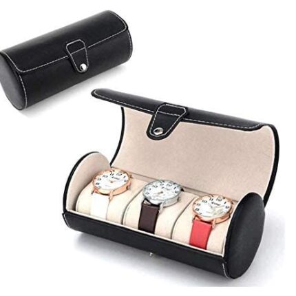 Zeinwap 3 Slot Leather Travel Watch Case Roll Organizer Classic (Black)
