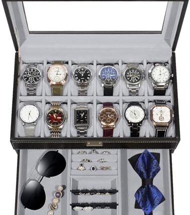 Zibuyu® Watch Case Box for Men Organizer 2 Tier PU Leather Watch Organizer Watch Box Organizer Watch Organizer for Women Men for Bracelet, Necklace, Rings, Ear Studs, Watches