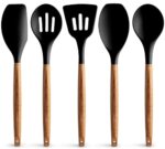 Zulay Kitchen Utensils Set Non-Stick Silicone Cooking Utensils Set with Authentic Acacia Wood Handles - 5 Piece Silicone Utensil Set - Silicone Kitchen Utensils Set with 464°F Heat Resistance - Black