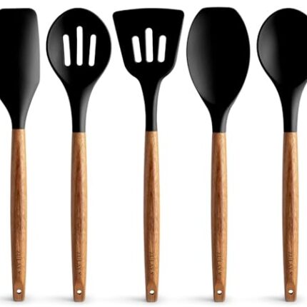 Zulay Kitchen Utensils Set Non-Stick Silicone Cooking Utensils Set with Authentic Acacia Wood Handles - 5 Piece Silicone Utensil Set - Silicone Kitchen Utensils Set with 464°F Heat Resistance - Black