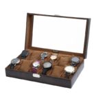 essart (Sarvika PU Leather Designer Couple Watch Box for 12 Watches - Watch Storage Box Removable Cushions, Transparent Lid Feature/Clip Closure SUDE Brown