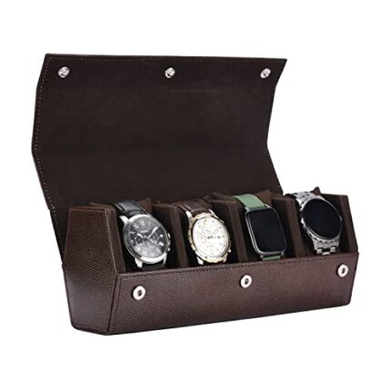 essart Sarvika collection Smart Watch Case for 4 watches for Men & Women PU Leather Watch Roll Organizer Watch box storage Case Watch Holder Pouch for Travel (WR-1024-Snakebit-Brown)