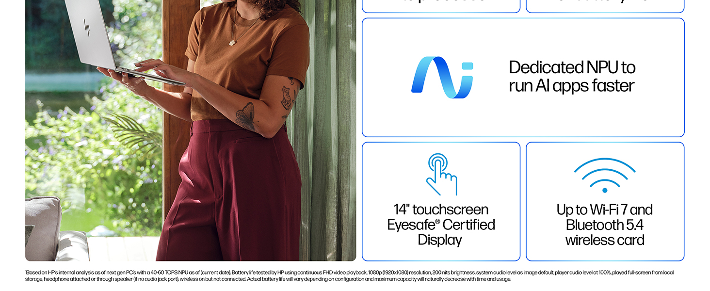 Dedicated NPU run AI apps faster 14" touchscreen Eyesafe Wi-Fi 7 and Bluetooth 5.4