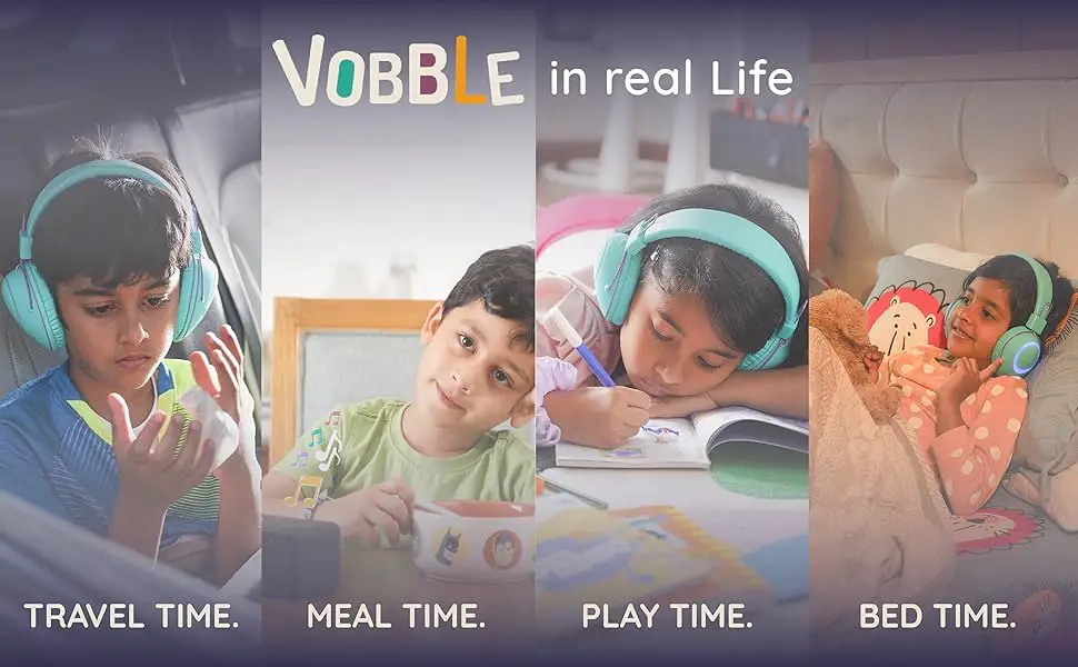 Showing kids listening to stories while travelling, during meal time, play time and during bed time