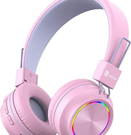 iClever Bluetooth on Ear Headphones for Girls, Kids Girls Headphones with Mic, Headset for Kids School/Tablet/Laptop Stereo Sound Colorful LED Lights Bluetooth 5.0, Foldable, Pink
