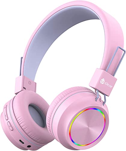 iClever Bluetooth on Ear Headphones for Girls, Kids Girls Headphones with Mic, Headset for Kids School/Tablet/Laptop Stereo Sound Colorful LED Lights Bluetooth 5.0, Foldable, Pink