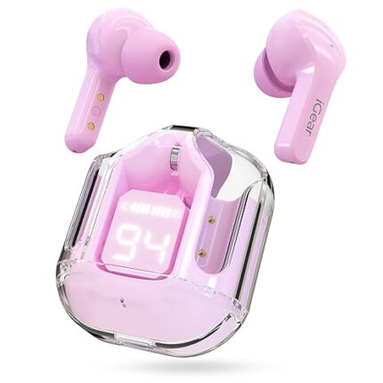 iGear Crystal Wireless Earbuds, Transparent Charging Case and LED Digital Display, Bluetooth Earphones with ENC Noise Cancelling, Touch Control, Google Assistant and Siri Support (Blush Pink)