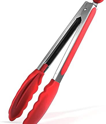 varada Kitchen Tongs with Silicone Tip, 9-inch Stainless-Steel Multi-functional Gripper for Cooking, Barbecue, Salad, Grilling, Frying, Set of-1(Red)