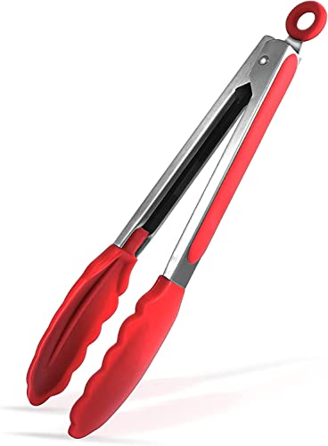 varada Kitchen Tongs with Silicone Tip, 9-inch Stainless-Steel Multi-functional Gripper for Cooking, Barbecue, Salad, Grilling, Frying, Set of-1(Red)