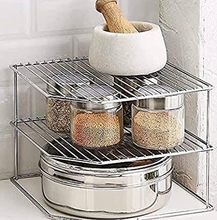 12FOR COLLECTION Stainless Steel 2-Tier Free Standing Kitchen Rack-Spice Container Organizer, Jar Holder Rack, Glass Holder, Corner Dish Rack For Kitchen (3 Layer Corner Rack, Corner Shelf)