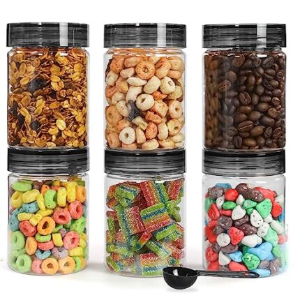 PEARLPET Tiffany Plastic Containers for Kitchen Storage | Plastic Container Set with Spoon | BPA-Free, Stackable Jars | Black,300 ML (Set of 6)