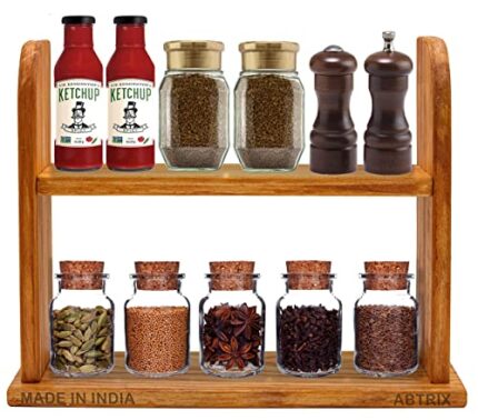 ABTRIX WITH AB 2-Tier Wooden, Free Standing Spice Rack, Multifunction Counter Spice Organiser, Solid-wood, 2 Layer Kitchen Storage Rack for Herbs, Spice Jars, Seasoning Jars- 40x30x14cm