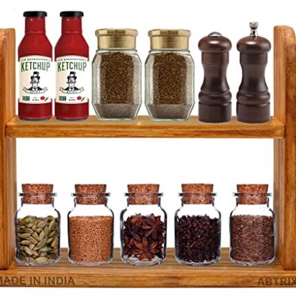 ABTRIX WITH AB 2-Tier Wooden, Free Standing Spice Rack, Multifunction Counter Spice Organiser, Solid-wood, 2 Layer Kitchen Storage Rack for Herbs, Spice Jars, Seasoning Jars- 40x30x14cm