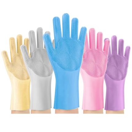 AM SAFE-X Silicone Dish Washing Gloves, Silicon Cleaning Gloves, Silicon Hand Gloves for Kitchen Dishwashing and Pet Grooming, Multicolor, 1 Pair