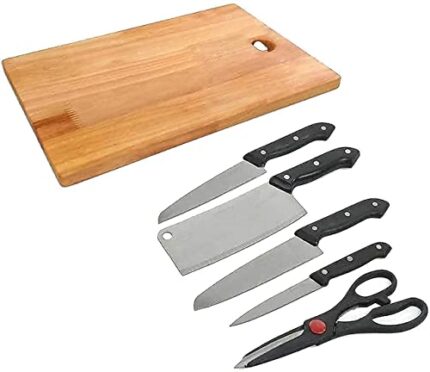 Aktnil Combo of 1 Chopping Board, 4 Pcs Knife & 1 Scissor Kitchen Tools Set 6 Pcs Combo of Kitchen Tools Set Black Kitchen Tool Set (Black, Stainless Steel)