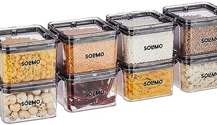 Amazon Brand - Solimo Multipurpose Airtight Containers For Kitchen, Square, Set Of 8, 400 Ml Each, Black - Plastic