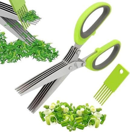 Aroja Enterprises Shredding Scissors with Cleaning Combo - Multi-Function 5 Blade Vegetable Stainless Steel Herbs Scissor - Durable, Time-Saving Kitchen Cutting Tool - (Multicolor)