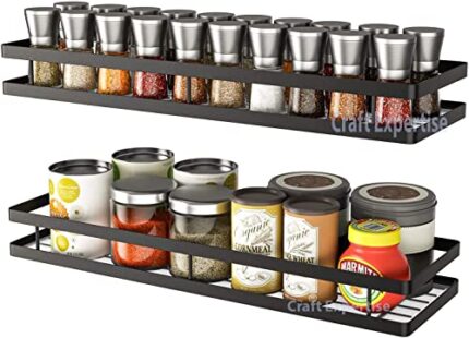 Artsio Craft Store "Pack Of 2 Wall-Mounted Iron Spice Rack Organizers For Kitchen Shelves| Medium Size 16"X5"X3" | Black Metal Spice Holders And Kitchen Organizers (Pack-2)