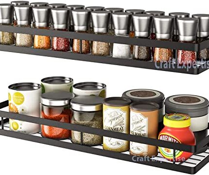 Artsio Craft Store "Pack Of 2 Wall-Mounted Iron Spice Rack Organizers For Kitchen Shelves| Medium Size 16"X5"X3" | Black Metal Spice Holders And Kitchen Organizers (Pack-2)