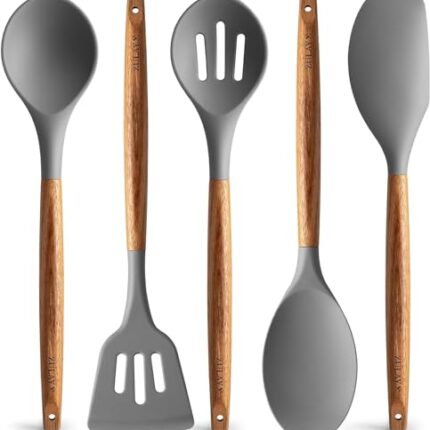 BS PACKAGING Kitchen Utensils Set, 5 Pcs Non-Stick Silicone Kitchen Cooking Utensils With Wooden Handle, Kitchen Spatula Cookware Utensils Set, Heat Resistant Silicone Kitchen Gadgets (Grey, 5)