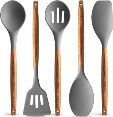 BS PACKAGING Kitchen Utensils Set, 5 Pcs Non-Stick Silicone Kitchen Cooking Utensils With Wooden Handle, Kitchen Spatula Cookware Utensils Set, Heat Resistant Silicone Kitchen Gadgets (Grey, 5)