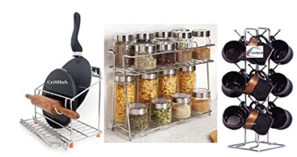 CR18 COLLECTION 3 Pcs Multipurpose Spice Rack Stainless Steel 2 Layer Storage Rack with Big Size Kitchens Stainless Steel V Shape 12 Cups Stand Holder & Chakla Belan Tawa Stand (Pack of 3)