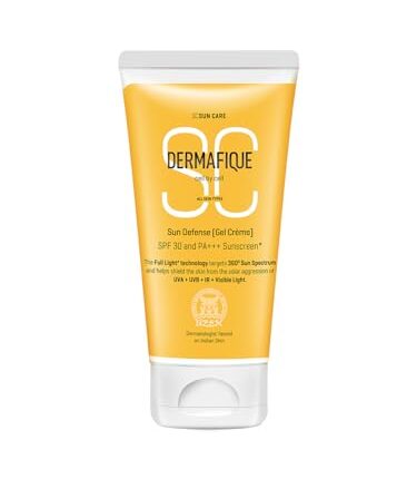Dermafique Sun Defense Gel Crème, SPF 30, PA +++ Sunscreen 150g, for All Skin Types, 360 degree Sun Spectrum Protection, Prevents Tanning & Photoaging, Protects from UVA,UVB, IR & Visible Light, Dermatologist Tested on Indian Skin, for Men & Women