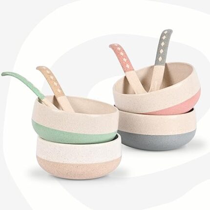 Eha Earth-Friendly Small Soup Bowls with Spoons | 250 ml | Made with Bamboo Fibers & Rice Husk | Microwave Safe Bowls for Kitchen | Serving Bowl Set of 4 | multicolour, Solid