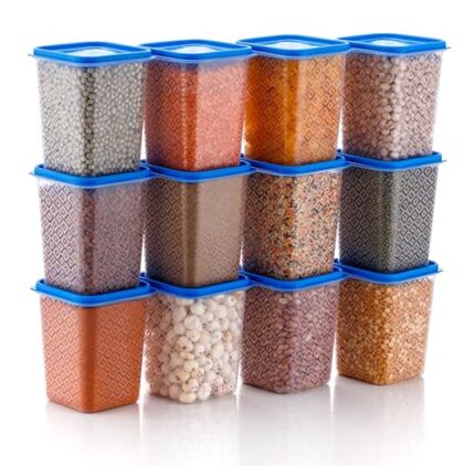 HINDSTAR Multipurpose Plastic Storage Jars and Kitchen Mate Classic Containers | BPA-Free, Airtight Kitchen Container Set for Spices, Grains and More Items - Transparent (1000ML, Set of 12)