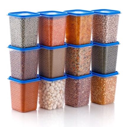 HINDSTAR Multipurpose Plastic Storage Jars and Kitchen Mate Classic Containers | BPA-Free, Airtight Kitchen Container Set for Spices, Grains and More Items - Transparent (1000ML, Set of 12)