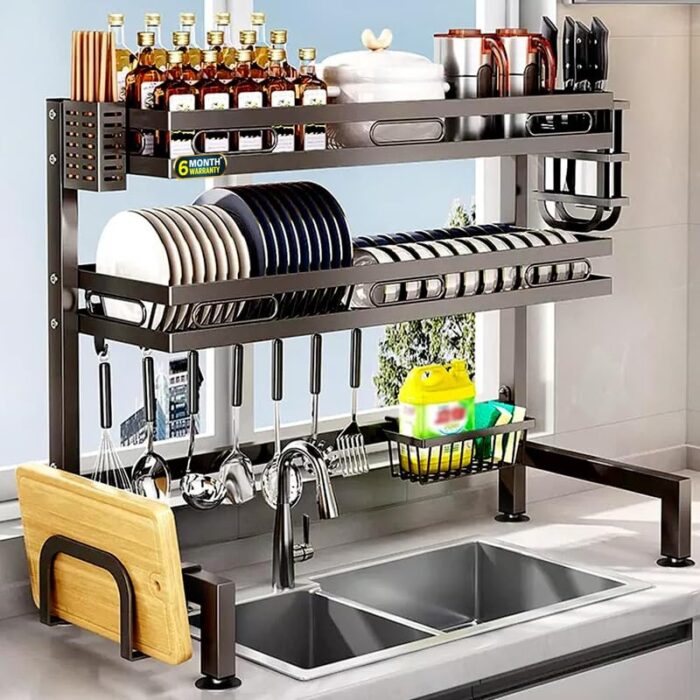 IBELL Over Sink Dish Rack for Kitchen, Bartan Stand for Drying, Carbon Steel, 2 Layer, Drainer Shelf/Kitchen Organizer/Utensils Storage (IBLDR275, Black)