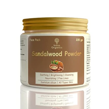 Indus Organics Sandalwood Powder 220gm for De Tan, Glowing skin, Oil Control, Fades Acne Scars & Ageing Marks | Chandan Powder | Sandalwood powder for face pack |Eco-Friendly Glass Jar