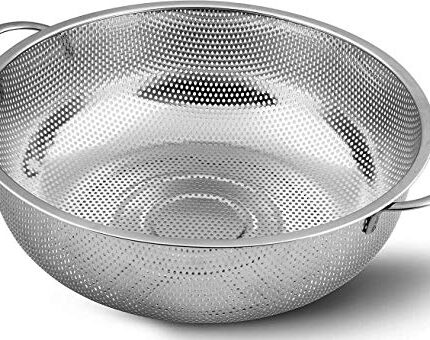 Ladila Multipurpose Stainless Steel Colander Strainer Drainer with Handle for Rice Fruits Vegetable Noodles Pasta Beans Grains Washing Filter Basket for Kitchen Bowl Storing and Straining Purpose
