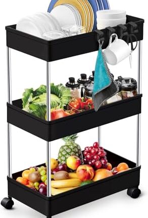 Leaffybezz Kitchen Trolley Rack with Wheels,Plastic Kitchen Storage Organizer Shelfs for Home, Kitchen Storage Trolley for Square Design Fruits & Vegetable Onion Cutlery (Black,Layer 3)