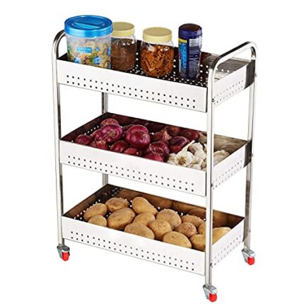 Lovely Bazaar 3 Tier Stainless Steel Vegetable Trolley For Kitchen Vegetable Stand With 4 Wheels 3 Basket To Store Vegetable,Fruits&Bathroom&Kitchen Accessories (Also For Office Purpose)(44X23X61 Cm)