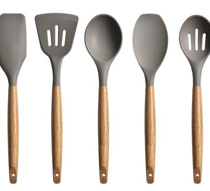 MOBDESK Kitchen Utensils Set Non-Stick Silicone Cooking with Authentic Acacia Wood Handles - 5 Piece Utensil 464°F Heat Resistance Natural Hard Handle, BPA Free, Baking & Serving Utensils- Grey