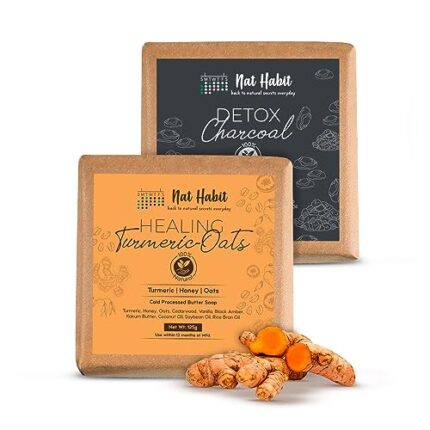 Nat Habit Healing Turmeric-Oats & Detox Charcoal Butter Bath Soap With Cold Processed For Detoxification, Skin Whitening, Tan Removal - (125g x 2, Combo)