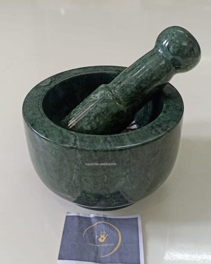 Navishtha Handicrafts [Large] Rajasthan Art Stone Mortar And Pestle Set For Spices, Okhli Masher, Khalbatta Stone, Natural Traditional Grinder, Musal, Well Design Kitchen, Home, Herbs (5 Inch) Green)