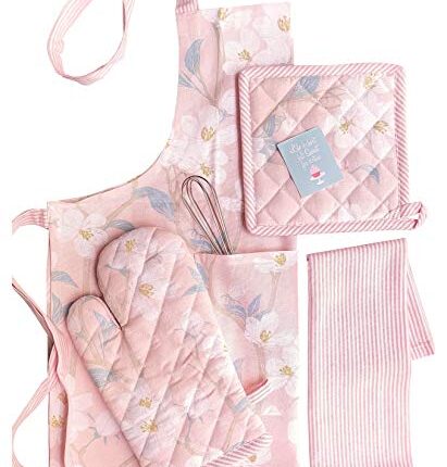 PIXEL HOME DECOR Apron with Oven Mitt and Pot Holder with Kitchen Towel (Pink Blossom), 60cmx85cm
