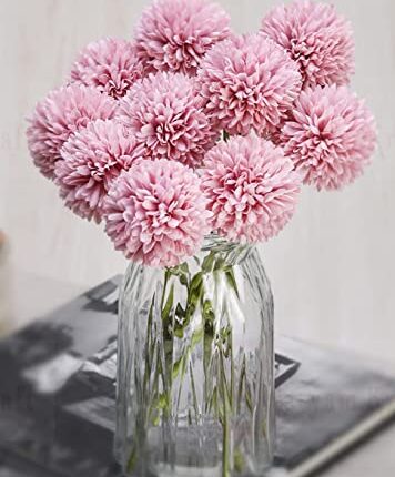 SATYAM KRAFT 5 Pcs Artificial Chrysanthemum Ball Hydrangea Flower Stick for Home, Deepawali, Bedroom, Balcony, Wedding Decoration and Craft - (Pack of 5) (Purple)(Without Vase Pot)