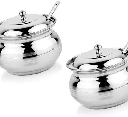 Stainless Steel Premium Ghee Pot Ghee Dani Oil Dispenser Oil Container with Lid for Modern Kitchen Oil Pot Set with Spoon - Silver Touch Finish (350ml) (2)
