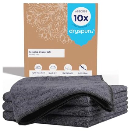 dryspun Microfiber Cleaning Cloth for Kitchen, 4 pcs - 30x30 cm - 350 GSM, 10x Absorption,Eco-Friendly, Super Soft with Polyamide | Multipurpose Microfiber Wash Cloth for Kitchen, Home Cleaning