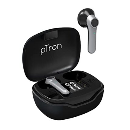 pTron Basspods 281 BT5.1 TWS in Ear Headphones with Deep Bass, Touch Control, IPX4 Sweat/Water-Resistance, Stereo Calling & Passive Noise Canceling Earbuds with Digital Case (Black & Grey)